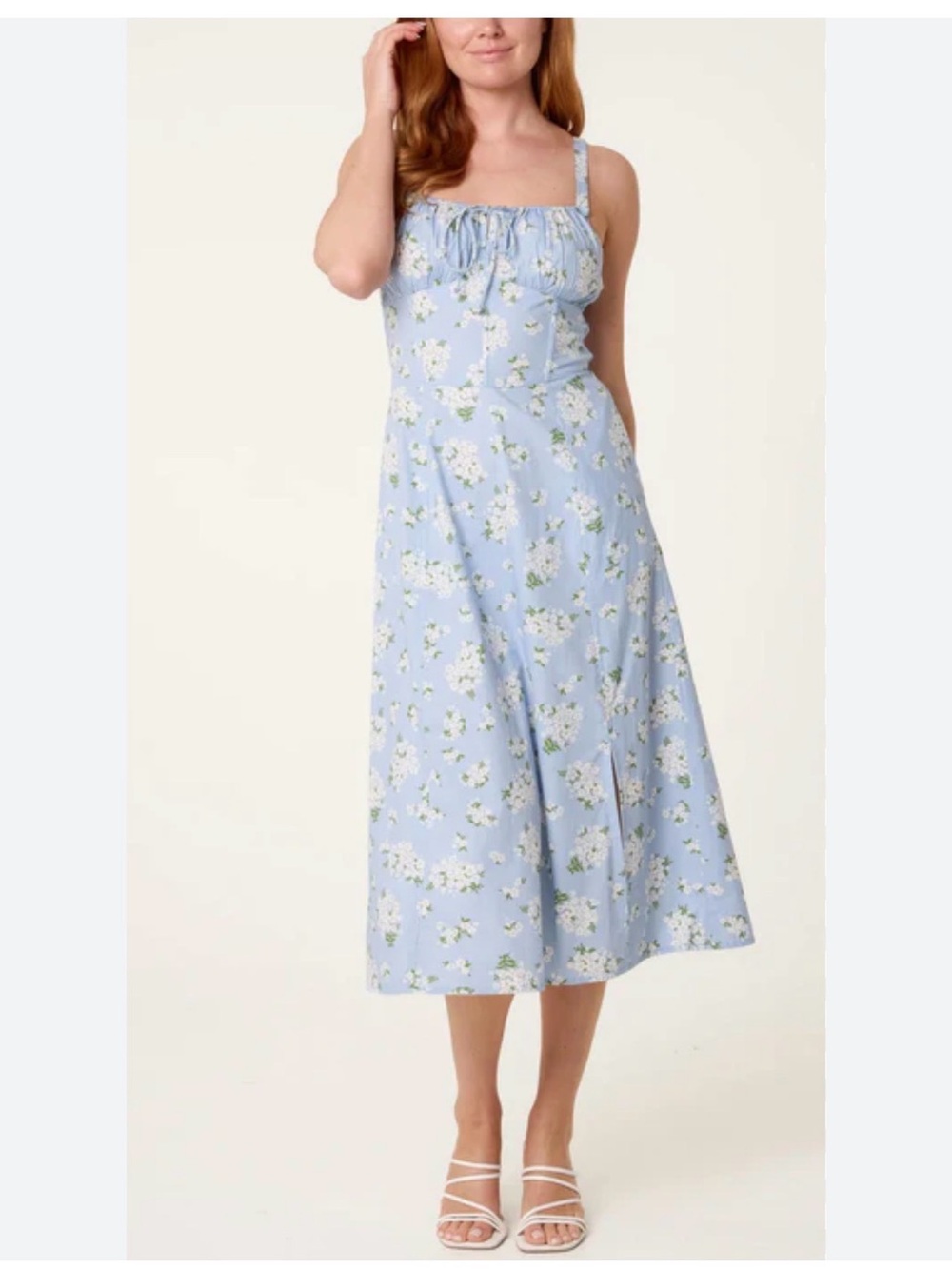 Light Blue Floral Midi Dress with Smocked Bodice